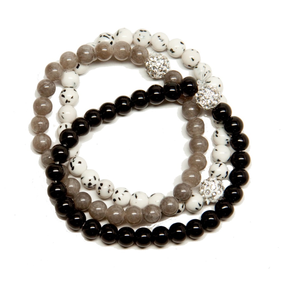 Black Gray Ivory Bead Pave Crystal Bracelet-J037